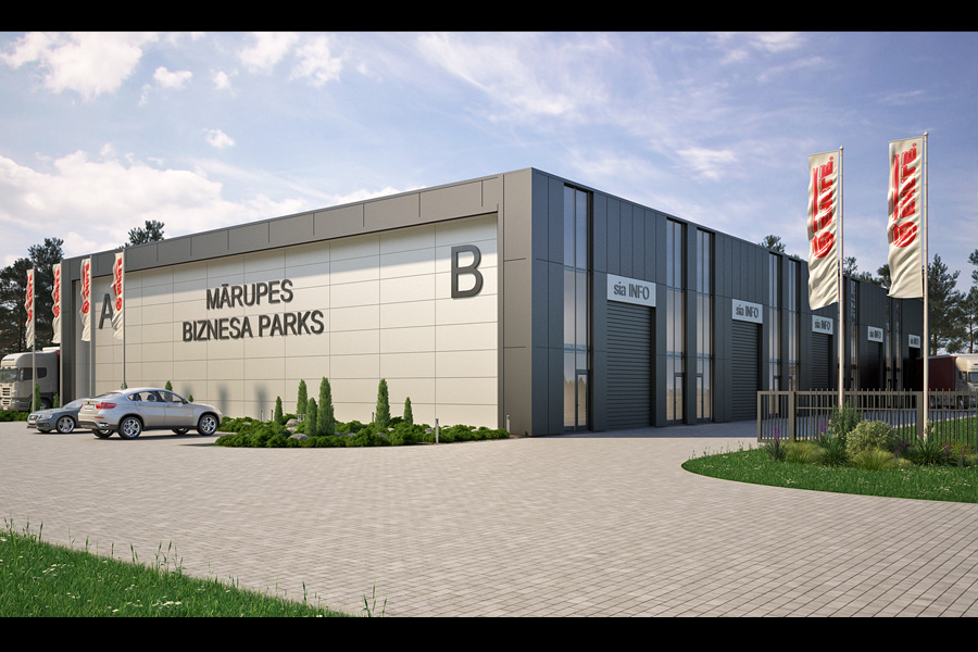 3D vizualizācija biznesa un loģistikas centram Mārupē Mārupes biznesa centra vizualizācija