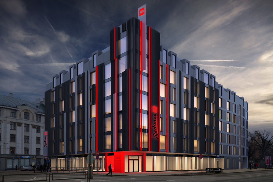Radisson RED nakts apgaismojuma 3D visualizācija Nakts apgaismojuma vizualizācija